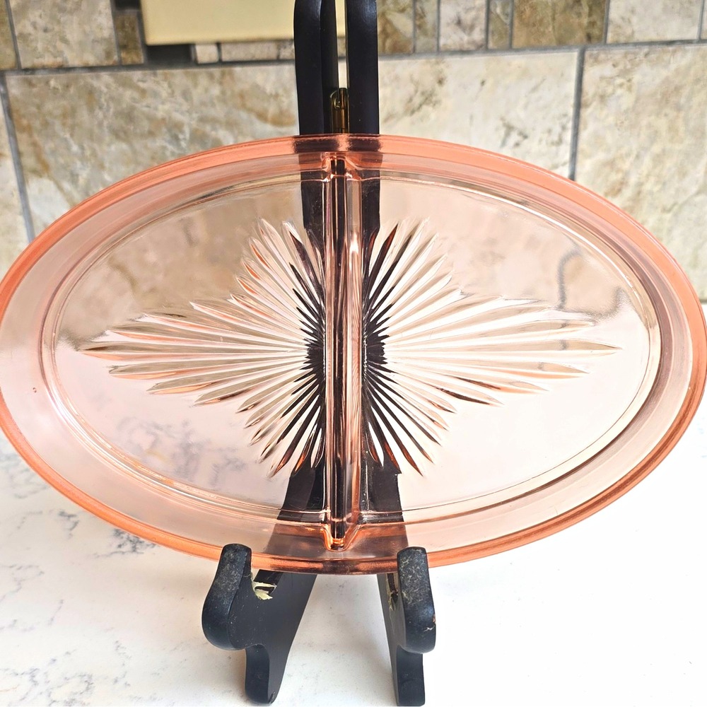 Depression Glass Oval Divided Dish 2-Compartment Starburst Pattern